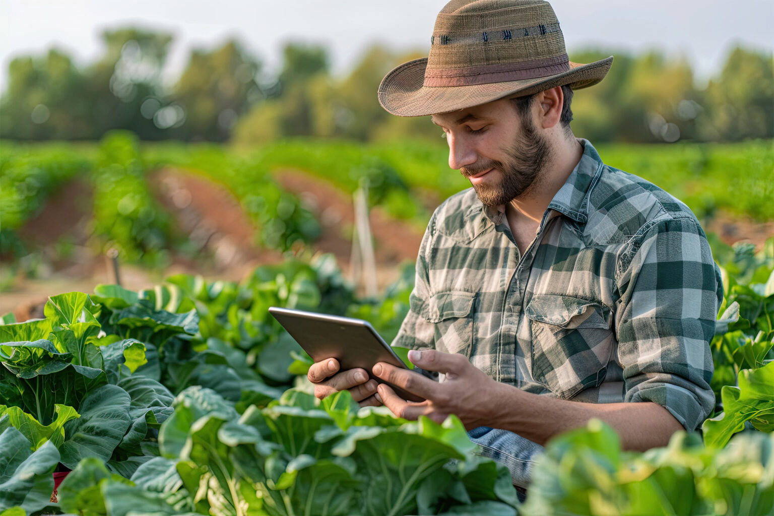 Produtor rural usando o Movano Agro em um tablet no meio da plantação.