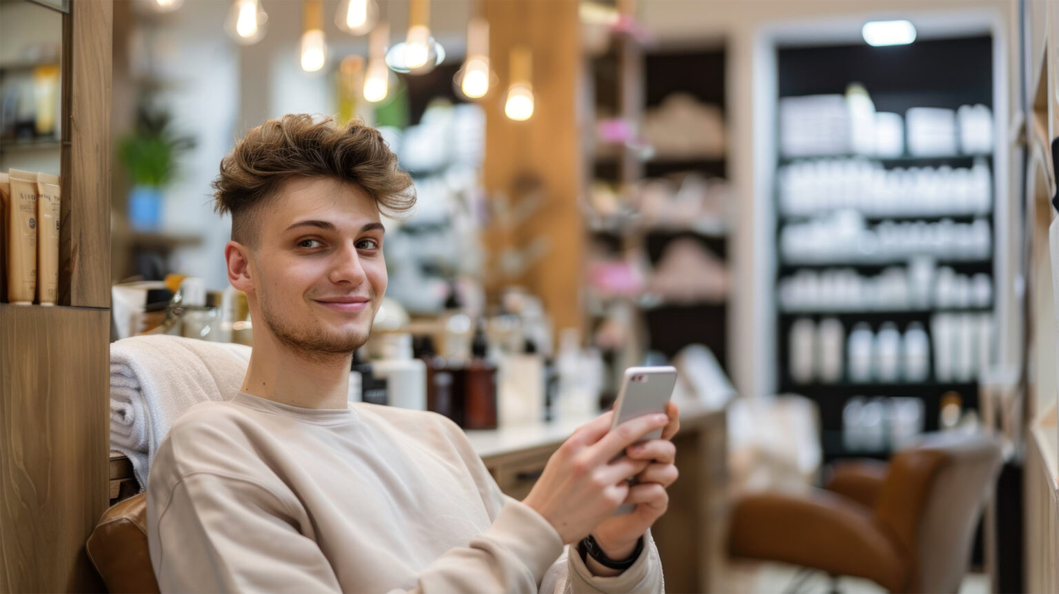 Cliente usando o celular na cadeira de uma barbearia.