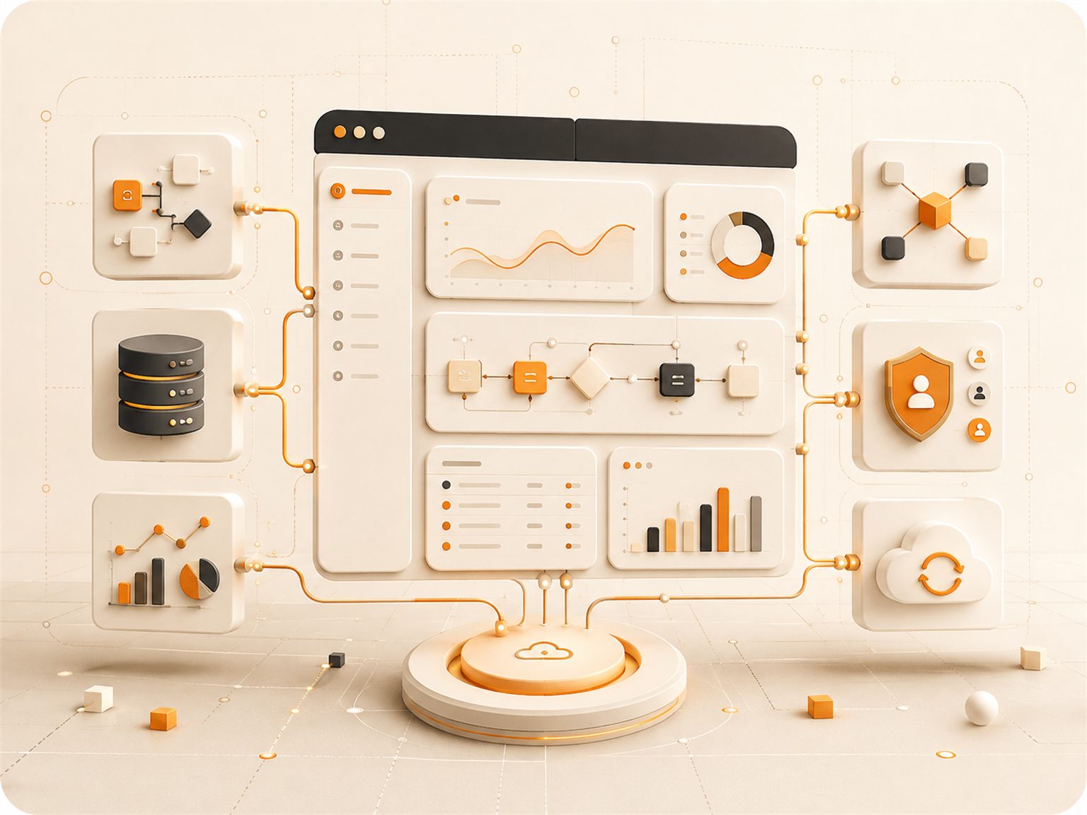 Ilustração de um sistema com painéis de indicadores, fluxo de processo e listagens, ligado por conexões a blocos de banco de dados, integrações, controle de acesso, análise e nuvem.