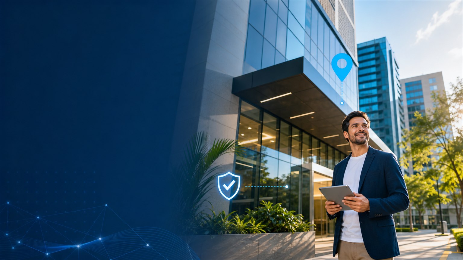 Empresário de tablet em mãos diante de um edifício comercial, com marcações de localização e segurança sobre a fachada.